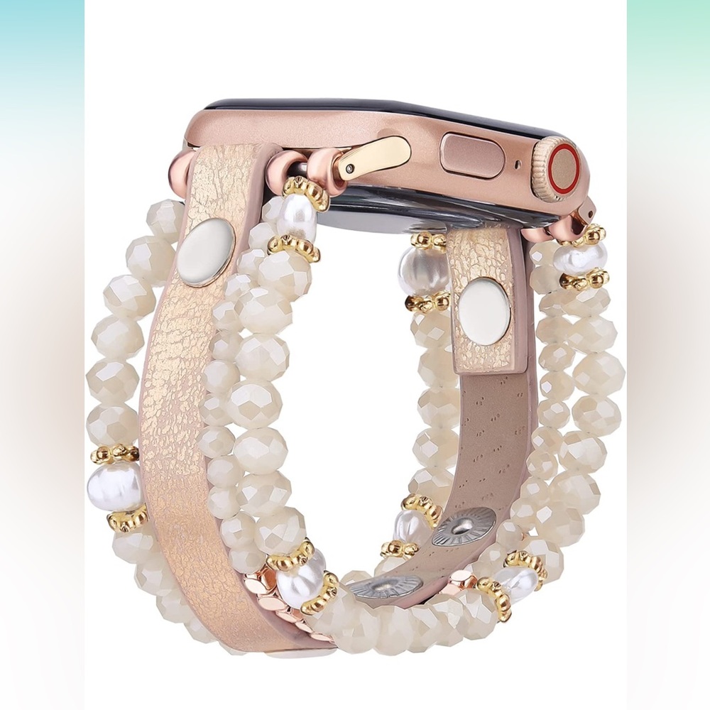 Apple Watch Band - Cream beads and leather